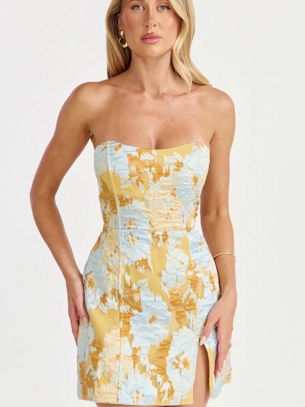 Showpo Bailey Mini Dress Blue Jacquard Strapless Floral